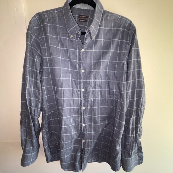 J. McLaughlin Men's Plaid Trim Fit Linen Blend Button Shirt Large Blue White - Picture 9 of 10